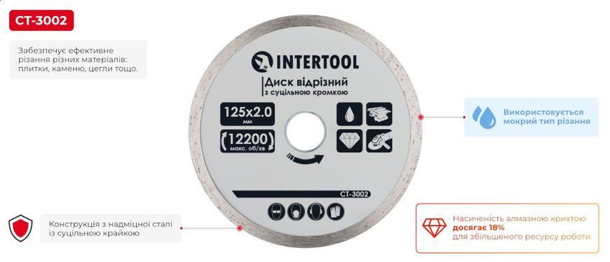 Диск отрезной со сплошной кромкой 125 мм, алмазный 16-18% INTERTOOL CT-3002